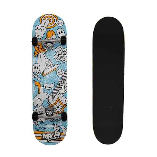 M.Y X-Skate Blue Sketch Complete Skateboard 31 Double Kick Beginner Skateboard for Kids Teenagers & Adults 7 Ply Birch Deck ABEC 7 Bearings for tricks and skateparks