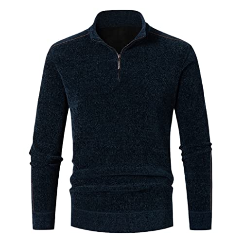 Pull en tricot à col montant homme pull épais bleu marine avec demi-zip hiver chaud XL