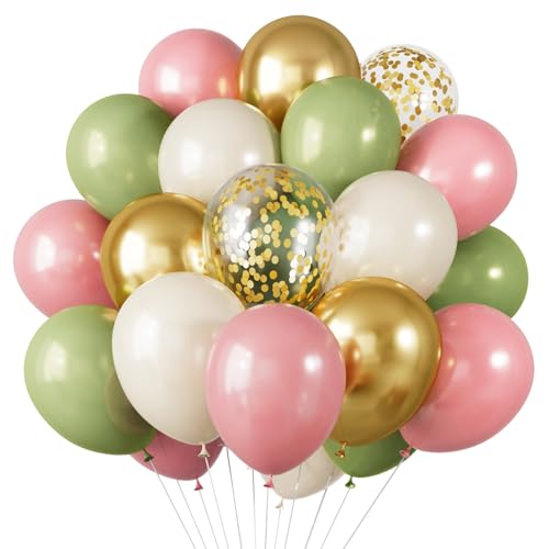 Image of RUBFAC Pink and Sage Green Balloons, Party Easter Balloons Metallic Gold Confetti Balloon for Fairy First Birthday Tea Party Decorations
