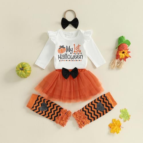 Ynibbim My 1st Halloween Baby Girl Outfit Long Sleeve Bodysuits Romper Infant Tutu Skirt Headband Leg Warmers Fall Clothe Set2