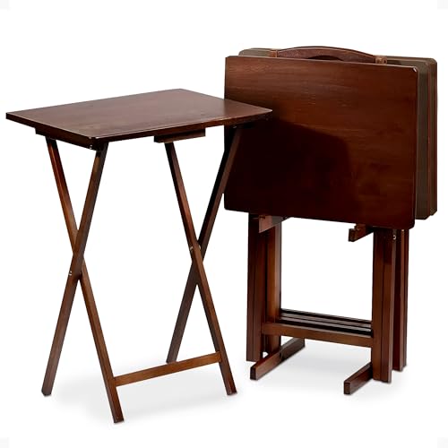 PJ Wood 5-Piece Folding Wooden Table Set, TV Tray Tables with Collapsible Storage Rack, Walnut -...