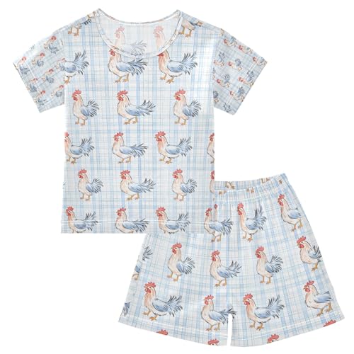 senya Blue Grid Rooster Summer Pajamas Set Short Cotton Sleepwear 2 Piece