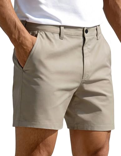 PULI Mens 5 Inseam Hybrid Flat Front Golf Shorts Chino Light Khaki 30