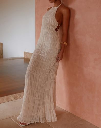 Image of Women Halter Neck Maxi Dress Sleeveless Lace Tiered Smocked Long Dress Sexy Backless Party Vacation Beach Sundress Apricot
