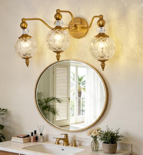 Image of Vintage Vanity Light 3 Light Gold Bathroom Light Fixtures Over Mirror