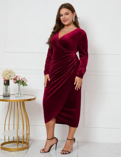 Image of ZOMVA Plus Size Velvet Wrap Dress Ruched Bodycon Dress Long Sleeves Ruffle Long Elegant Party Wedding Guest Cocktail Holiday