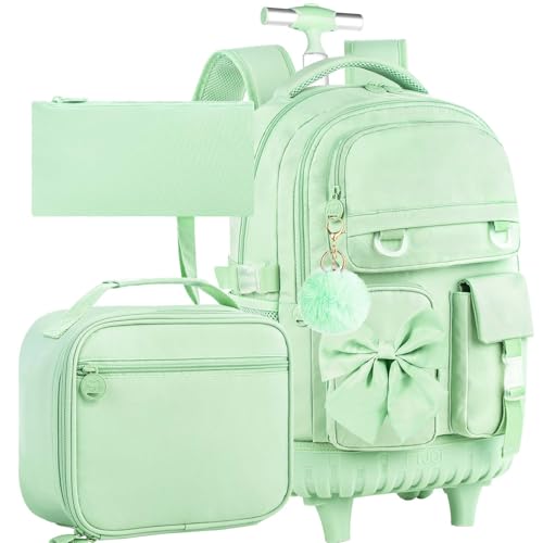 HPJGD 3PCS Girls Rolling School Backpack Green Bow Tie Wheeled Backpacks Water-Resistant Roller Bookbag Set
