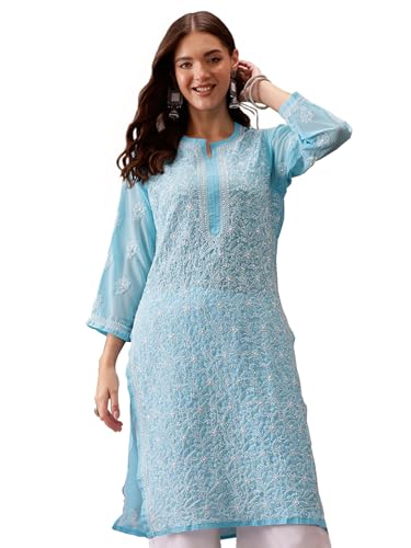Image of Ada Lucknow Chikankari Hand Embroidered Faux Georgette Kurta Kurti Tunic Dress for Women A95504