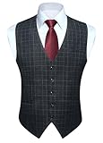 HISDERN Men's Suit Vest Black Plaid Dress Vest for Men Slim Fit Formal Waistcoat Vest for Tuxedo or Suit Classic V-Ncek Solid Color Wedding Business Vest