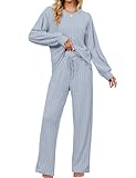 Blooming Jelly Womens Cute 2 Piece Pajama Sets Soft Long Sleeve Sleepwear Drawstring Crew Neck Loungewear (M, Blue Grey)