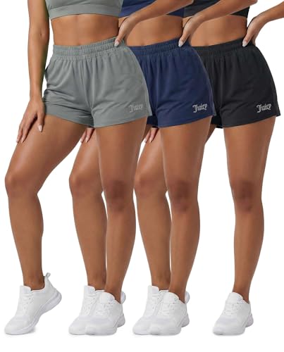 Juicy Couture 3 Pack: Womens High Waisted Athletic Shorts with Pockets Workout Running Gym Sport Active Quick Dry Comfy- Set 2 L