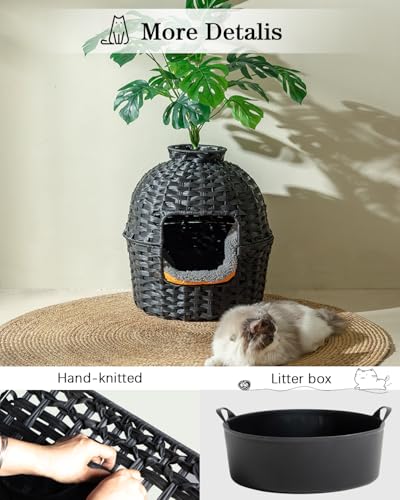 Image of SETVSON Cat Litter Box Plant Furniture Enclosure, Hidden Handwoven Rattan with Cat Litter Box and Artificial Plants, Odor Control Filter, Real Stones in Living Room, Bedroom, Corner (Black)
