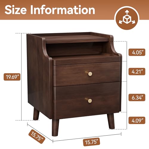 Image of Nightstand Set of 2, Pre-Assembled, 19.7 inchH Solid Wood Night Stand with 2 Drawers, Open Sliding Shelf, Mid Century Modern Small Bedside Table for Bedroom, Black Walnut 16 inch
