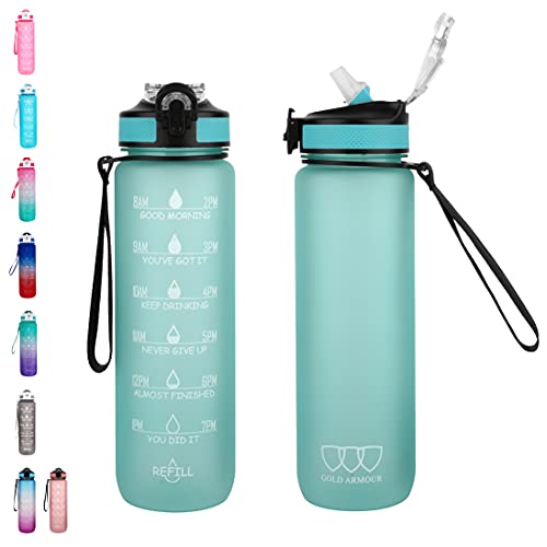 Gold Armour Motivational 32oz Water Bottle with Time Marker, Leakproof BPA Free Daily Water Reminder to Ensure You Drink Enough Water Daily (Mint Green)