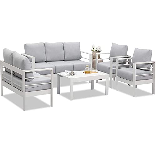 Wisteria Lane Aluminum Outdoor Patio Furniture Set, Modern Patio Conversation Sets, Outdoor Sectional Metal Sofa With 5 Inch Cushion And Coffee Table For Balcony, Garden, Light Grey #TOP6