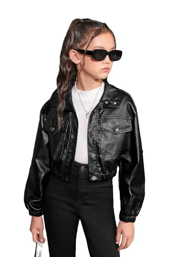 Floerns Girl's Long Sleeve PU Leather Flap Pocket Button Front Jacket Coat