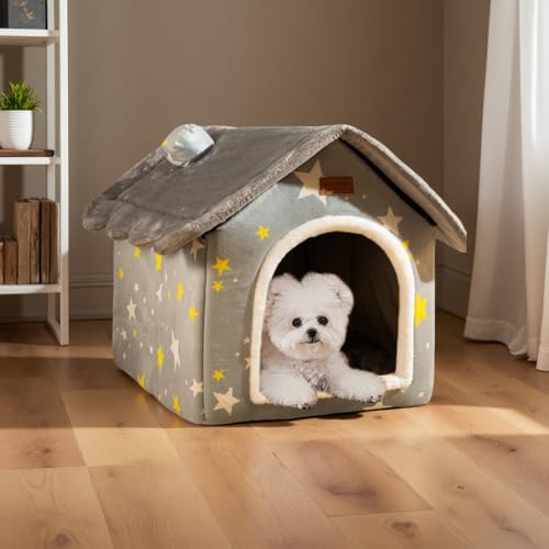 SEAHOME Foldable Dog House Kennel Bed Mat for Indoor Pets,Enclosed Warm Plush Sleeping Nest Bed with Removable Cushion,Covered Small Pet Condos Indoor Cat Hideaway (M, Grey) - Image 5