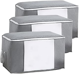 Large Clothes Storage Bags with Zips, 3pcs Duvet Storage Bag Thick Breathable Fabric Storage Bags with Clear Windows for Clothing Quilt Bedding (Grey, 60x35x40 cm)