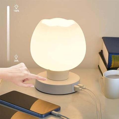 ECOESPTI Touch Bedside Lamp, Mini Stepless Dimmable Table Lamps for Bedroom for Night Stands, Small Desk Lamp with Brightness Memory, USB Charging Ports, Warm LED Bulb, White, Flower Shape, 1 Set Cover