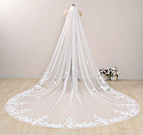 Elawbty 1 Tier Floral Lace Wedding Bridal Veil For Bride 3.5M Ivory Royal Length #TOP1