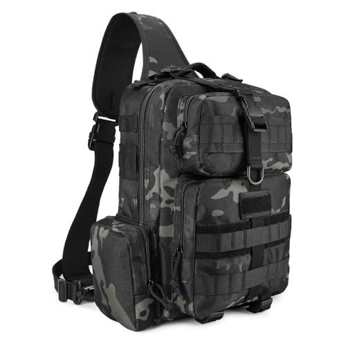 Explokit Bolso Táctico de Hombro Cruzado Mochila de Pesca Paquete Militar Molle para el Pecho Bolso de Bandolera Grande para Caza Correr Senderismo y Ciclismo (#01-Camuflaje Negro)