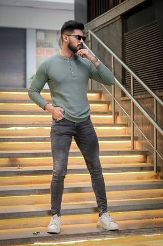 Image of GRITSTONES Men Self Waffle Knit Henley T-Shirt (GSHN-2H-01-BLK S)
