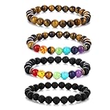 MONSEALYT 4PCS 8mm Natural Stone Beads Bracelet Set for Men Women Lava Rock & Tiger Eye Beaded Rainbow Yoga Oil Diffuser Anxiety Bracelets
