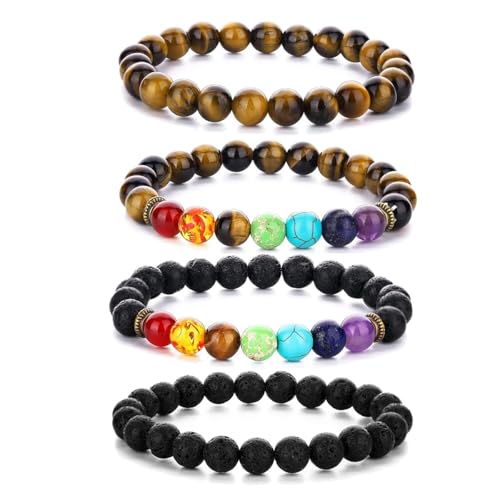 MONSEALYT 4PCS 8mm Natural Stone Beads Bracelet Set for Men Women Lava Rock & Tiger Eye Beaded Rainbow Yoga Oil Diffuser Anxiety Bracelets