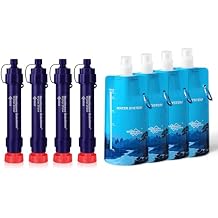 Membrane Solutions S2 Detachable Water Filter Straw Pack of 4 with 23oz Collapsible Squeezable Water Pouch Set of 4
