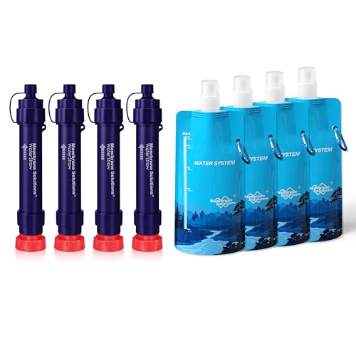 Membrane Solutions S2 Detachable Water Filter Straw (Pack of 4) with 23oz Collapsible Squeezable Water Pouch (Set of 4)