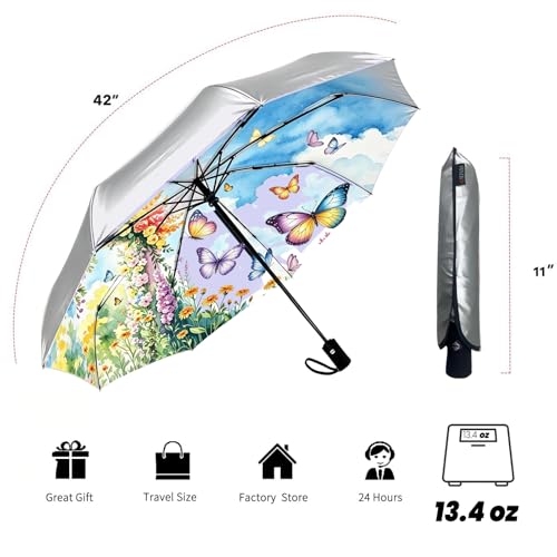 Image of SIEPASA Compact Travel Umbrella - Windproof Auto Open /Close, Small Folding Umbrella for Rain & Sun with UPF50+ - Lightweight Frame, Waterproof - Fits Backpack, Purse, Suitcase.(Silver /Butterfly)
