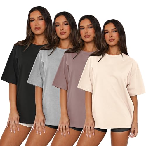 MAPICK 4 Pack Oversized Solid T-Shirts for Women Dry Fit