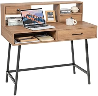 COSTWAY Computer Desk, Wooden PC Laptop Table Writing Workstation with 3 Drawers and Open Shelves, Multifunctional Home Office Work Study Desk