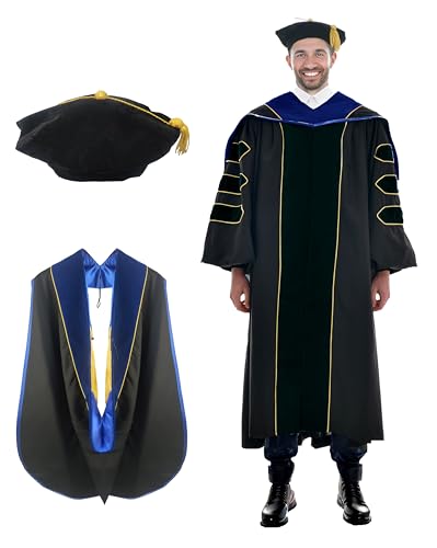 Image of Deluxe Graduation Doctoral Gown Doctoral Hood and Tam 8 Sided Package with Gold Piping Doctoral Regalia