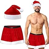 Eurzom Christmas Shorts Men Santa Elf Boxer with Hat Holiday Boxers Pants for Adult Party Favors (Red Style,Medium)