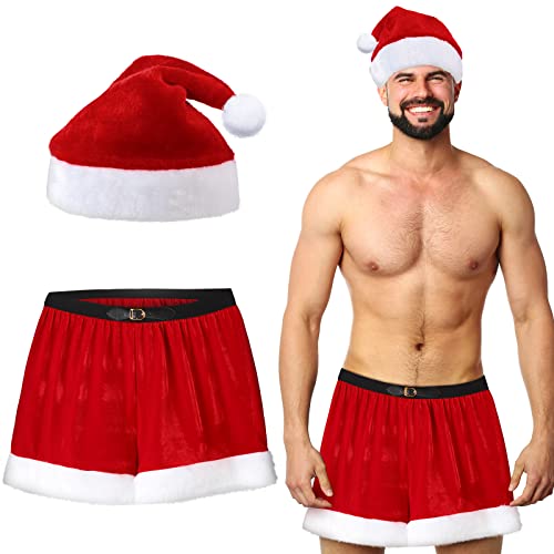 Eurzom Christmas Elf Shorts Men Santa Boxer with Hat Holiday Boxers Pants for Adult Party Favors(Large,Red Style)