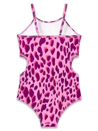 Image of Dvenki Big Girls Asymmetric Cutout Swimsuit Adjustable Straps Sizes 6X-16 | color block, leopard, tropical prints, front lined swimwear, removable pads, suitable for beach, vacation, pool play