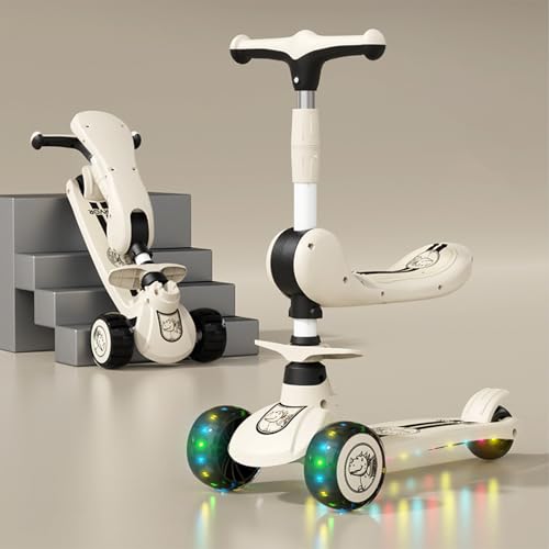 Scooter with Seat 2-1 Kids Scooter 3-5 with PU Luminous 3 Wheels Scooter with Non-Slip Handle and Wide Deck Sensitive Brakes 3-Level Adjustable Height Scooters for Kids 28 Years