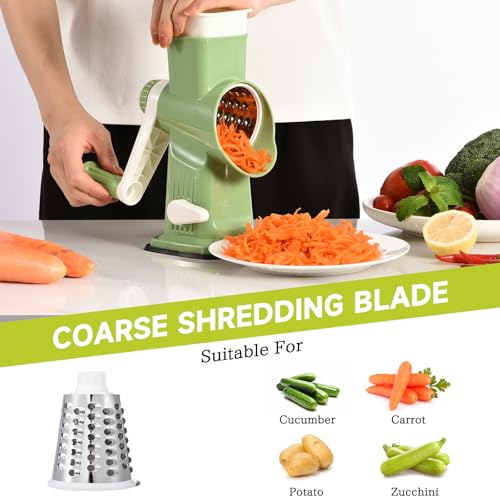 Image of Rotary Cheese Grater Hand Crank Transparent - Shredder Slicer Grinder 3 Stainless Steel Blades, Stable Suction, Labor-Saving Handle, Safe Kitchen Tool for Cheese, Vegetable, Nuts, Chocolate