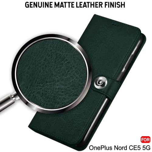 Image of TheGiftKart Genuine Leather Finish Flip Back Cover Case for OnePlus Nord CE 5 5G | Inbuilt Pockets & Stand | Wallet Style | Designer Button | Flip Back Cover for OnePlus Nord CE5 (Faux Leather, Green)