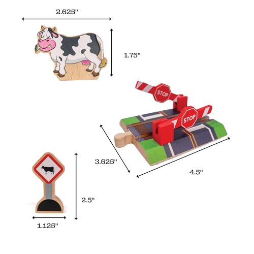 Wooden Railroad Crossing - 3 Piece Set: Rail Road Signal Gate, Wooden Sign, Cow - Compatible with All Major Train Brands - Railroad Toy Train Track Accessories - Zany Trains - Train Track