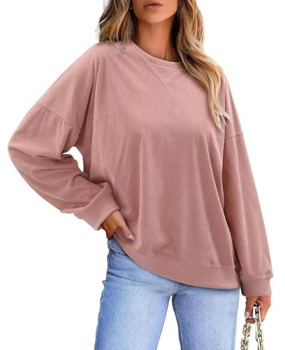 KISSMODA Womens Casual Long Sleeve Sweatshirts Color Block/Solid Tops Corduroy Crewneck Tunic Pullover with Pockets