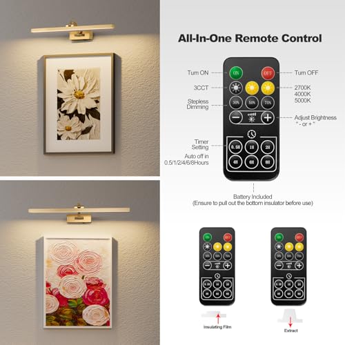 Image of Wireless Picture Lights for Wall,23.5 Inch Brass Art Light for Paintings,Battery Operated Picture Lights with Remote Control,Dimmable Rechargeable Art Lamps for Picture Frame,Gallery