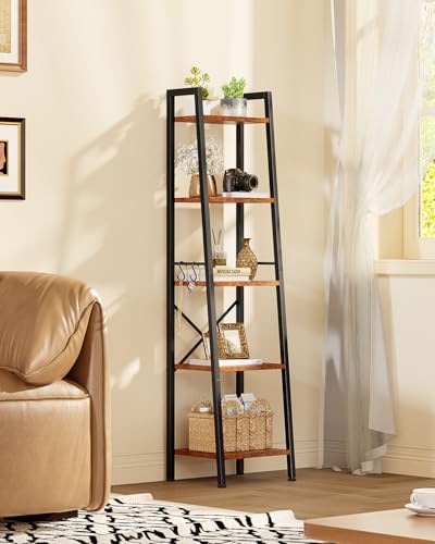 Furologee-5-Tier-Ladder-ShelfTall-Bookshelf-with-2-HooksNarrow-Bookcase-with-Storage-ShelvesCorner-Shelf-Free-Standing-Units-for-BedroomLiving-RoomHome-OfficeKitchenRustic-Brown Furologee 5 Tier Ladder ShelfTall Bookshelf with 2 HooksNarrow Bookcase with Storage ShelvesCorner Shelf Free Standing Units for BedroomLiving RoomHome OfficeKitchenRustic Brown