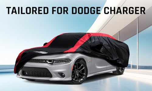Image of Dodge Charger Car Cover Waterproof All Weather with Red Strip Design, Custom Fit for Dodge Charger 2006-2023, Charger Accessory with Door Zipper & Windproof Straps