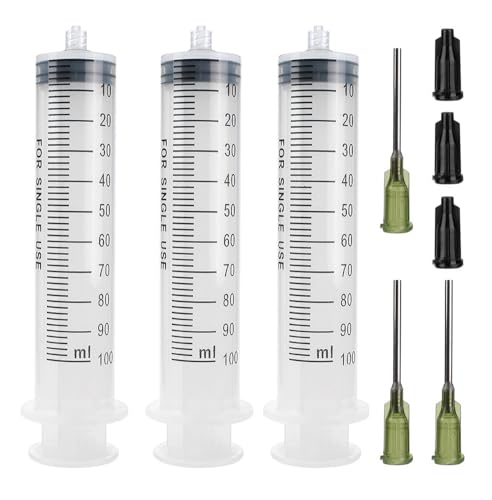 3 Pack 100ml Syringes with 14G 1.0 Blunt Tip Needles and Storage Caps(Luer Lock) Plastic Reusable Syringe for Glue Applicator Oil Dispensing Multiple Uses