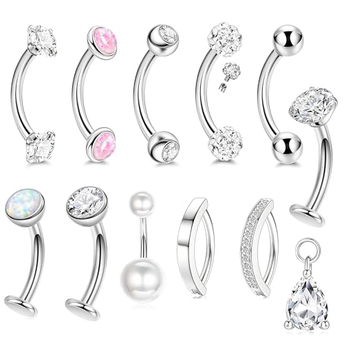 12pcs Floating Belly Button Ring Surgical Stainless Steel Navel Piercing Set Hypoallergenic 14G Small Short Internally Threaded Belly Ring Piercing Jewelry for Women (silver 12pcs)