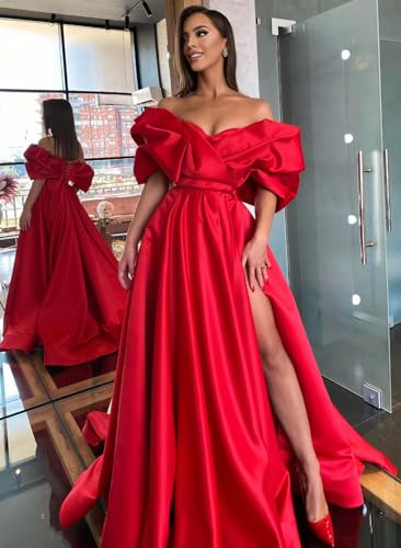 Off-The-Shoulder Satin A-Line Slit Prom Dresses Lace-up Bridesmaid Dress Women's Evening Gowns 20244