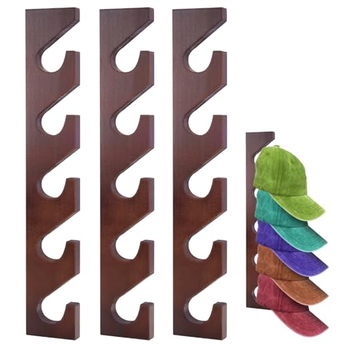 3 Pcs Wall Mounted Wooden Hat Rack for Baseball Caps, Solid Wood Storage Display, Vertical Storage Hat Holder, for Closet Door Bedroom Living Room Entryroom Laundry, Walnut