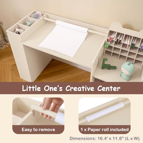 Image of Costzon Toddler Table and Chair Set, 2-in-1 Art Desk Set with Paper Roll | Drawing Table and Stool w / Cubby Cabinet, Storage Drawer and Side Book Rack for Drawing, Studying, Reading & Activity Play